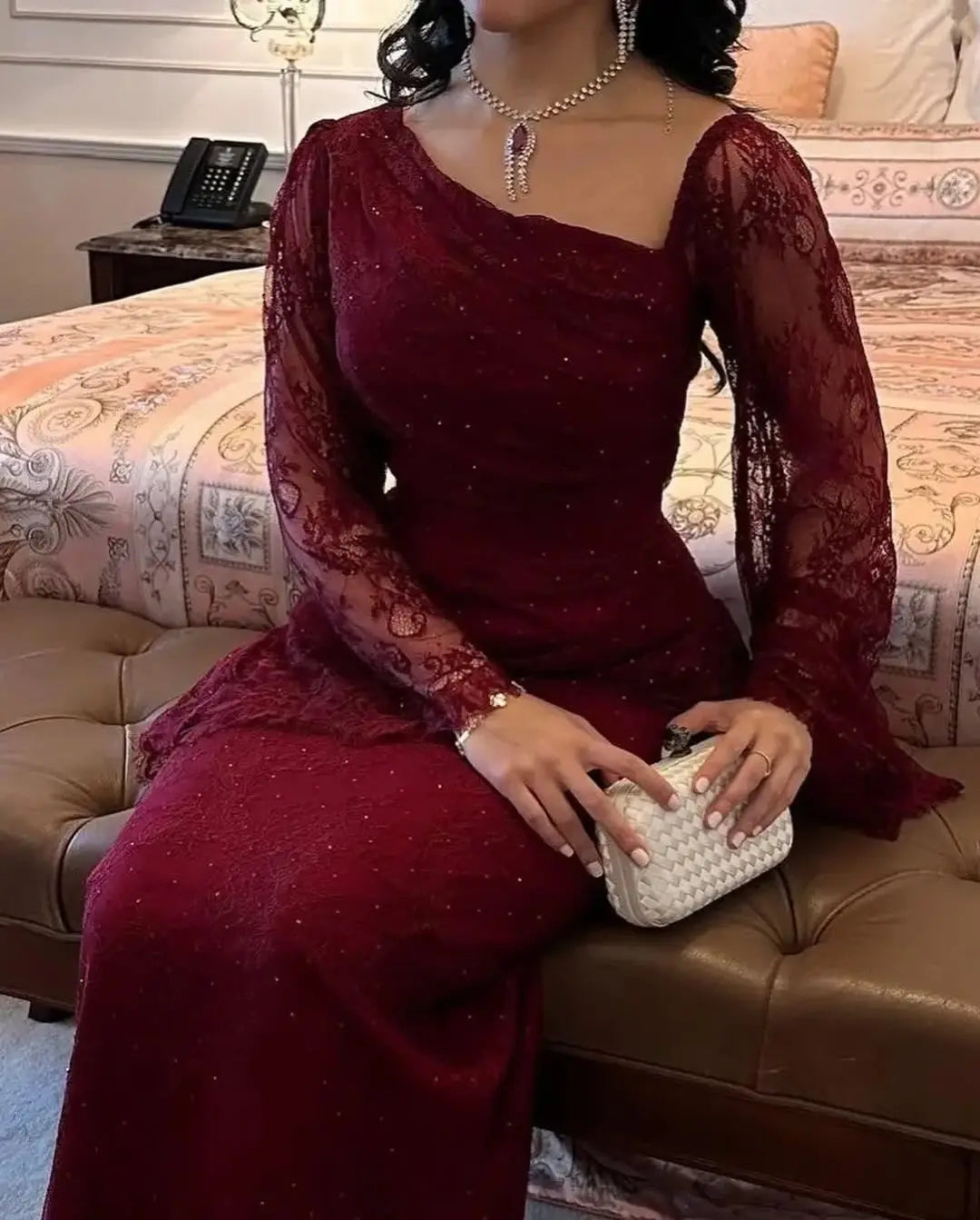 Abito da cerimonia da donna rosso vino tinta unita elegante casual alla moda sottile in pizzo alla caviglia primavera americana europea nuova moda