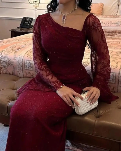 Abito da cerimonia da donna rosso vino tinta unita elegante casual alla moda sottile in pizzo alla caviglia primavera americana europea nuova moda