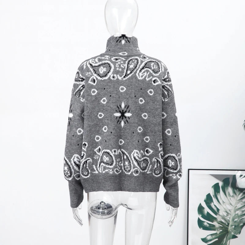 Cardigan da Donna in Maglia Stampata Casual, Maniche Lunghe, Cerniere, Colletto Alto, Tasche, Cappotti Autunno 2026, Abbigliamento Femminile Chic da Strada