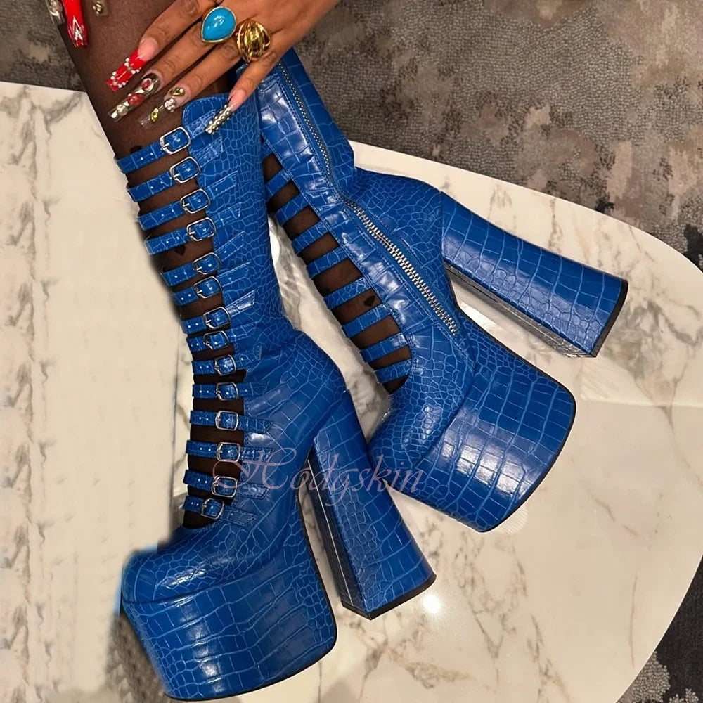 Dark Blue Thick Sole Boots Sandals Round Toe Platform Chunky High Heels Solid Buckles Straps Mid Calf Sexy Women Summer Shoes