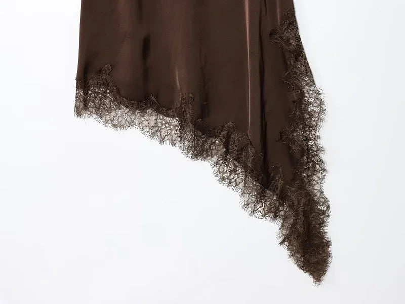 MUJER Abito sottoveste in pizzo nero Abiti corti da festa in raso da donna per le donne Abiti da donna sexy senza schienale Mini abito da notte asimmetrico