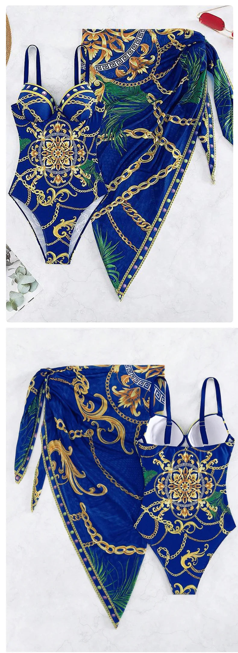 2025 Women One Piece Wired Monokini + Wrapped Skirt Black/Blue/Green Chain Printed Sexy Slim Fit Hanging Straps Hard Pack Bikini