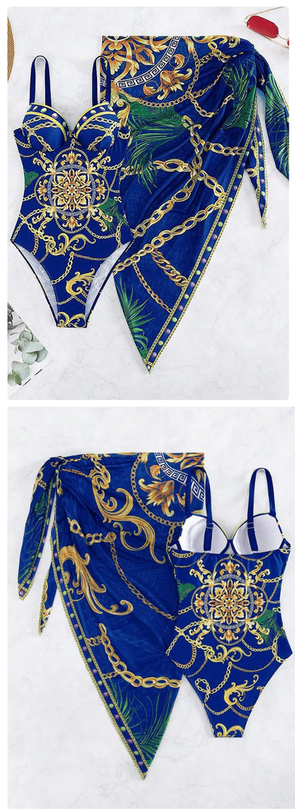 2025 Women One Piece Wired Monokini + Wrapped Skirt Black/Blue/Green Chain Printed Sexy Slim Fit Hanging Straps Hard Pack Bikini