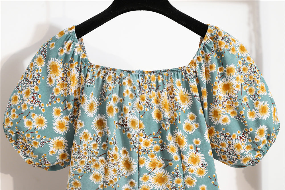 Mini abiti da donna Moda estiva Abiti femminili Stampa Abiti in chiffon floreale Abito casual con maniche corte a pieghe arricciate