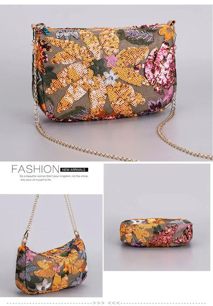 Borse a tracolla da donna con ricamo floreale carino Catene con paillettes alla moda Borsa a tracolla Borsa da spiaggia casual estiva Borsa e portamonete Hobos