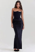 Giyu Sexy Satin Evening Club Abiti da festa Donna 2025 Estate senza spalline con spalle scoperte Lisca di pesce increspato Maxi abito lungo Abito elegante