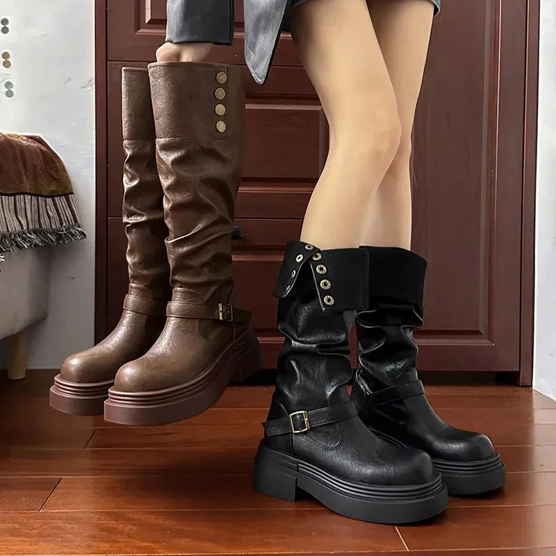 Women's Platform Motorcycle Boots Buckle Strap Thick-soled Boots Feamle New Fashion Black PU Leather Western Knight Botas Mujer