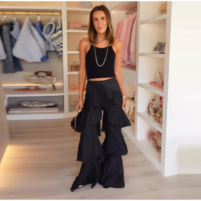 Eleganti Pantaloni a Zampa da Donna con Volant a Cascata in Chiffon a Vita Alta, Neri, Estivi 2026, Versatili, Nuovi