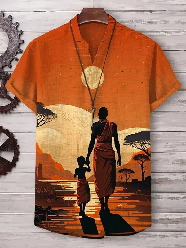 Camicia a maniche corte stampata da uomo estiva Camicia di lino vintage Festival da uomo Casual Manica corta Top Street Trend Consegna veloce