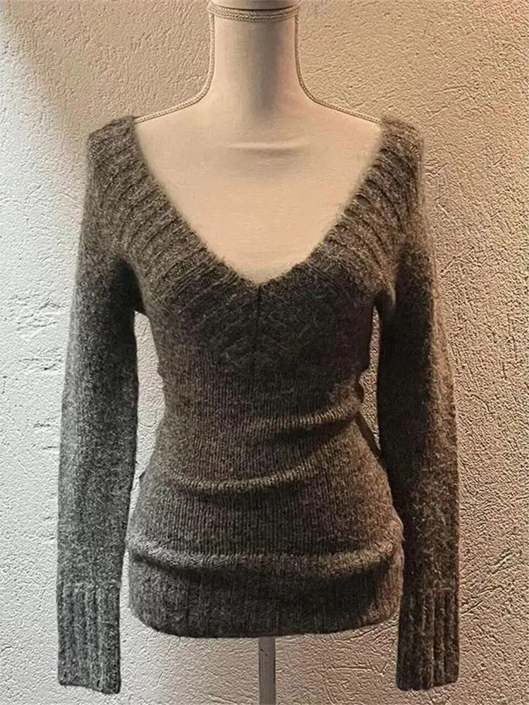 Moda vintage scollo a V top in maglia donna 2025 inizio autunno inverno nuovi maglioni slim pullover a maniche lunghe gilet di pizzo set da 2 pezzi