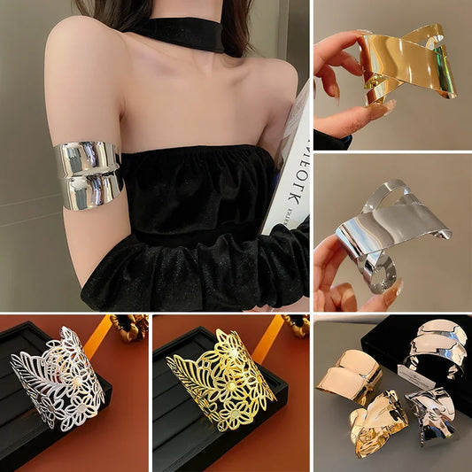 Bracciale in lega geometrica multistrato con anello in metallo per donna Accessori per gioielli da festa di lusso con anello da braccio stile esagerato e fresco