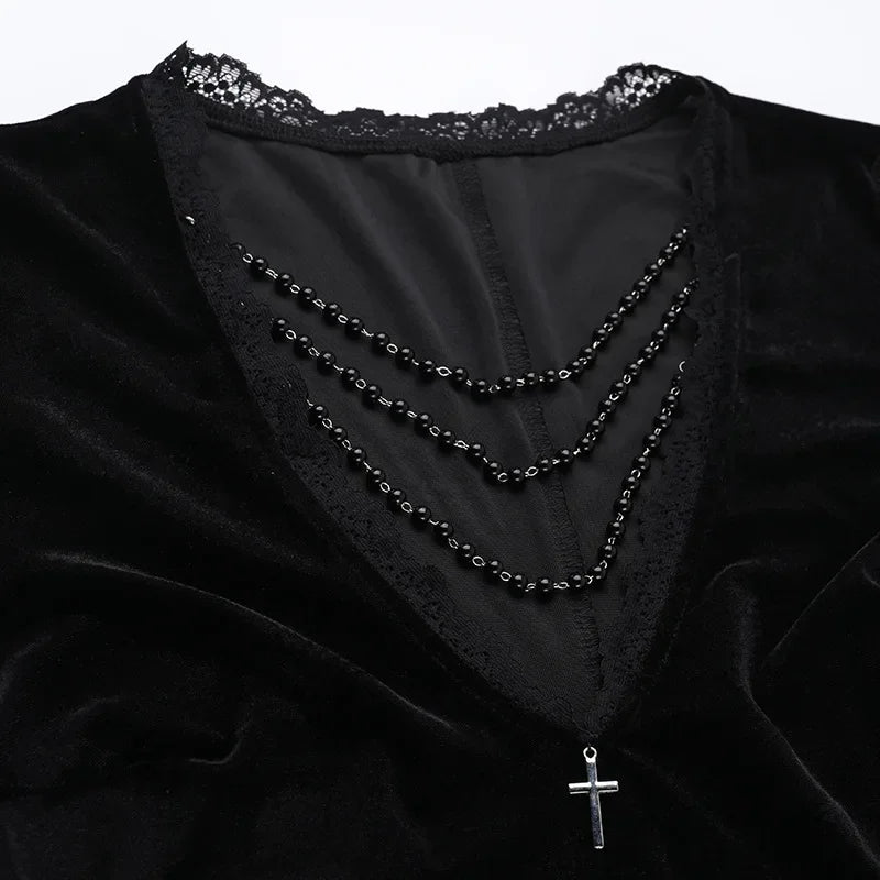 Y2K Goth floreale pizzo maglia manica svasata aderente abiti da festa sexy vintage elegante velluto nero con scollo a V abito lungo partywear