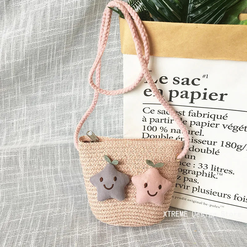 Borsa a tracolla in tessuto di paglia per bambini estivi belle ragazze borse portamonete piccole borse a tracolla per bambini Mini portafoglio principessa