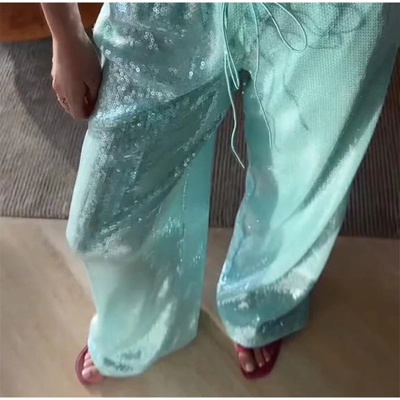 Pantaloni da donna con paillettes, vita bassa elastica, gamba larga, con lacci, estivi 2026, lucidi, vestibilità ampia, per club e feste