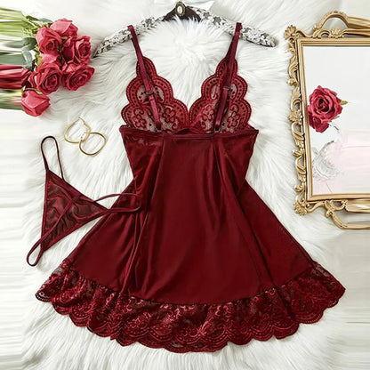 Pigiama lingerie erotica push up in pizzo a V profondo Set pigiama estivo sottile donna camicia da notte abito da notte caldo reggiseno sexy taglie forti perizoma da notte