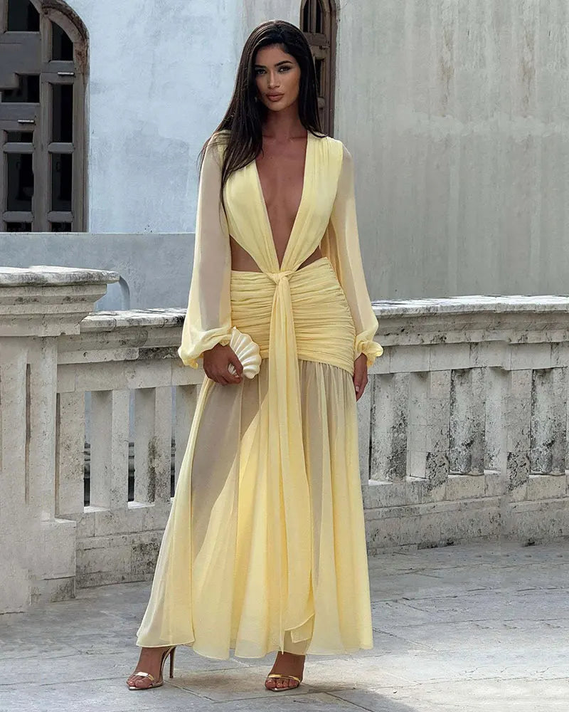 GACVGA Abito lungo elegante in chiffon per donna Nuovi abiti con maniche a lanterna Abiti lunghi aderenti da club sexy pieghettati