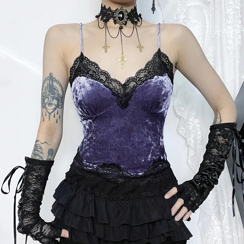 Summer New Sexy Spicy Girl Patchwork Women's Halter Tops Gothic Dark Court Vintage Style Velvet Lace Design Chic Woman Clothing