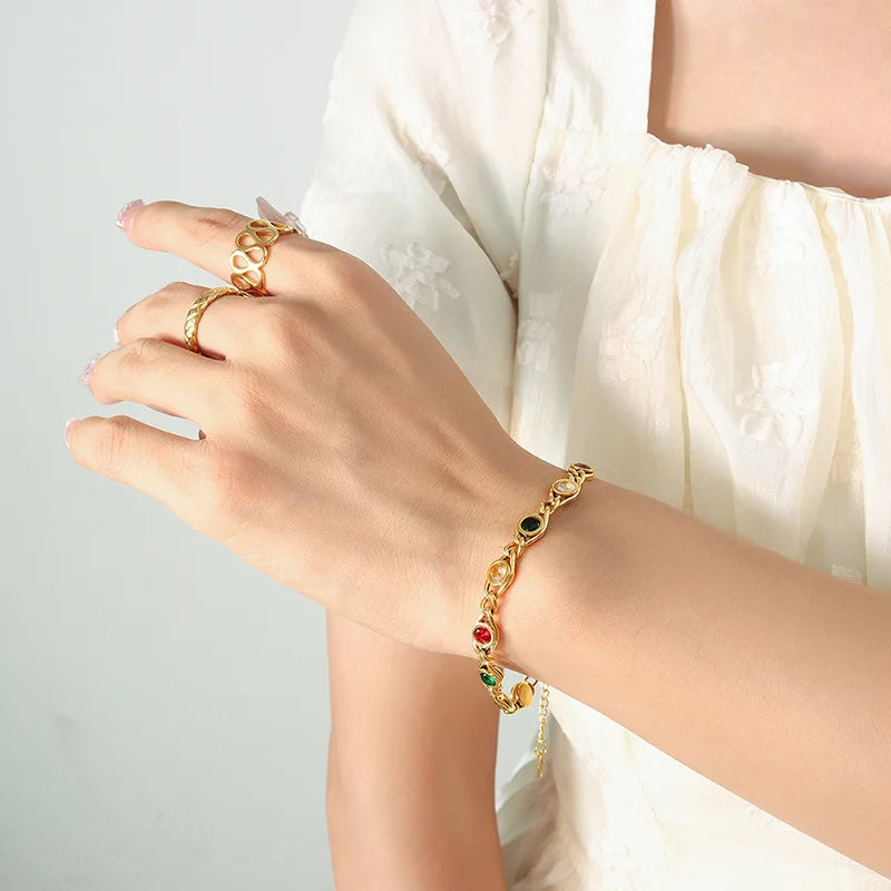 Ensemble collier bracelet zircon coloré pour femmes, chaîne inaltérable tendance, bijoux de créateur, accessoires plaqués or en cuivre 2024