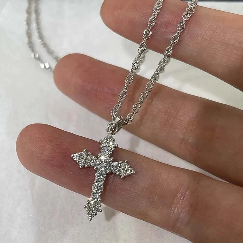 Collier pendentif croix zircon cristal brillant pour femmes filles punk couleur argent collier chaîne fine bijoux de fête cadeau d'anniversaire