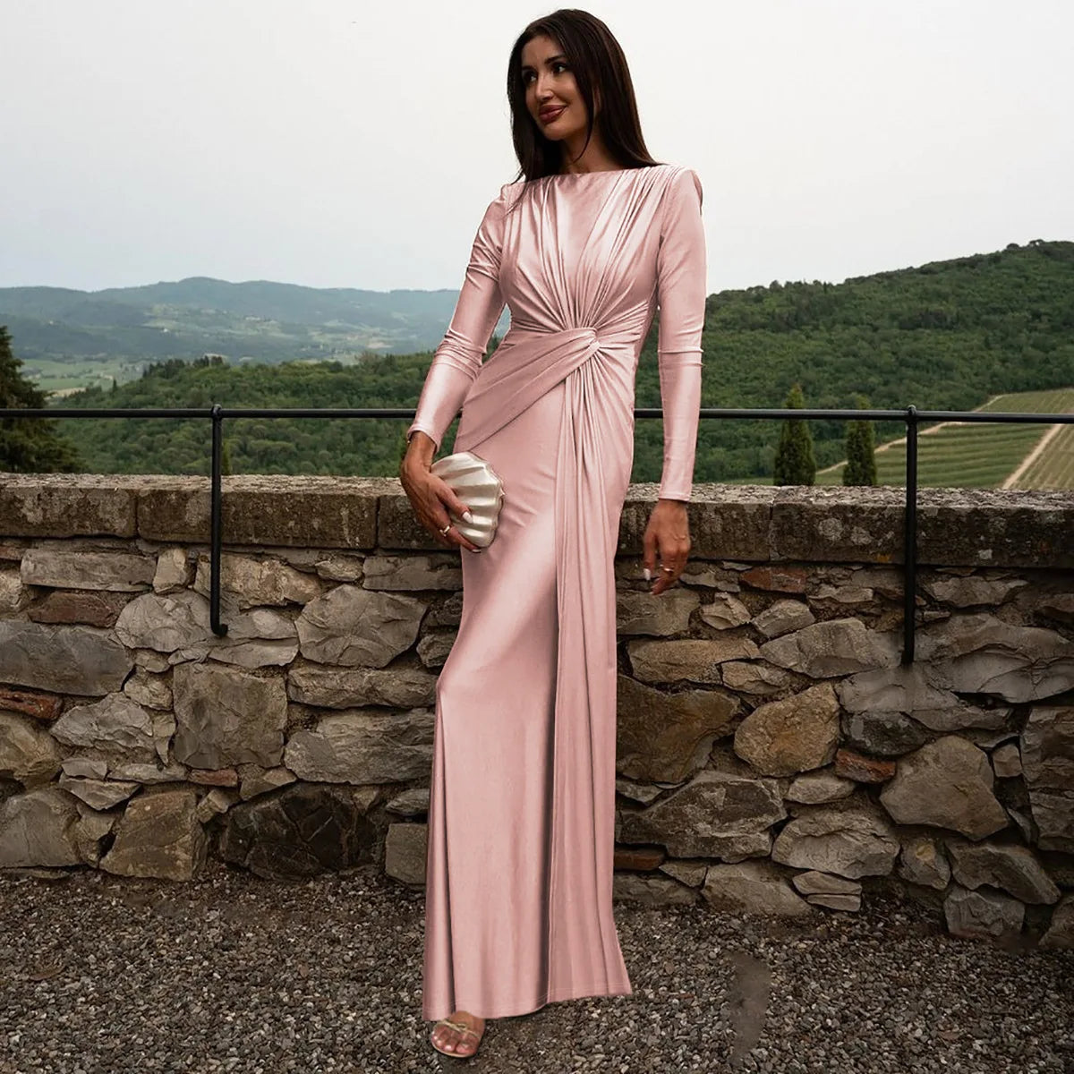 Abito da sera elegante da donna, manica lunga, o-collo, increspato, moda, abiti lunghi, donna, night club, streetwear, outfit autunnale