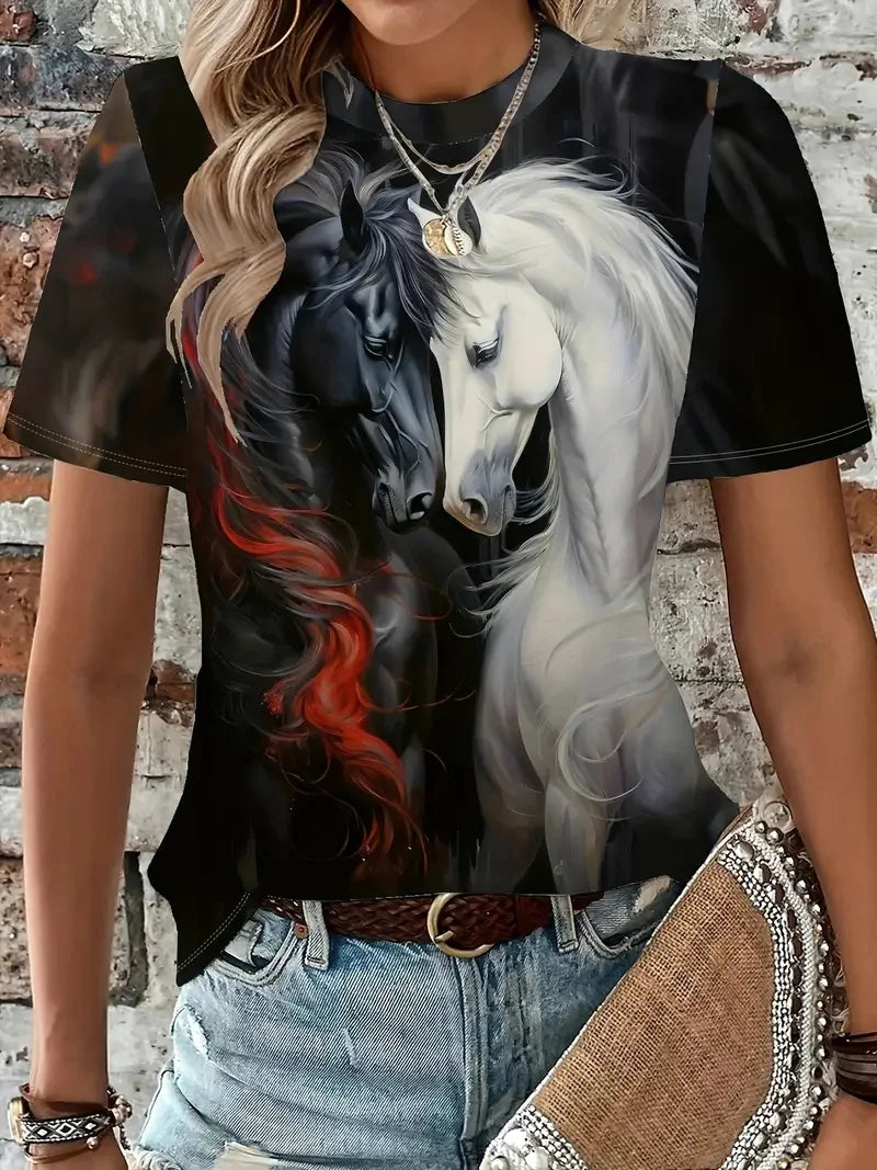 T-shirt girocollo casual da donna con stampa cavallo unica T-shirt estiva a maniche corte con grafica cavallo per uomo Novità in magliette