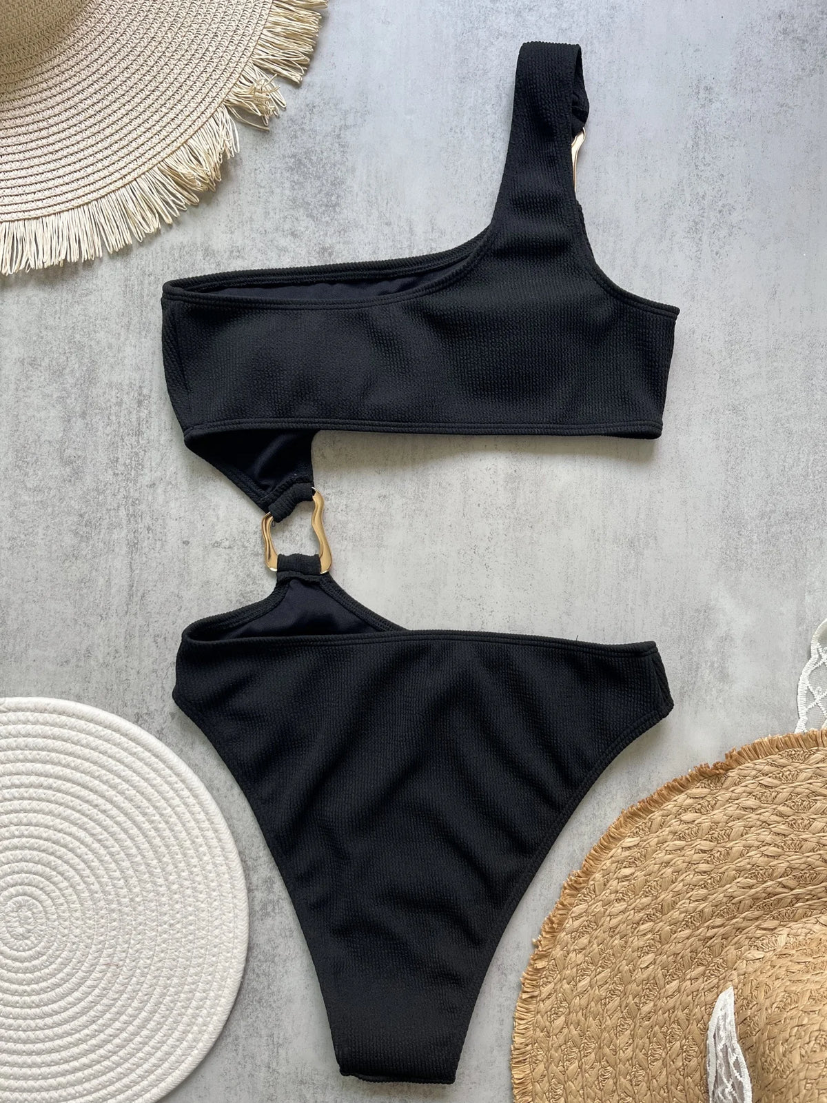 Maillot de bain une pièce pour femme, découpe anneau, coupe haute, coupe effrontée, monokini, maillot de bain une épaule côtelé