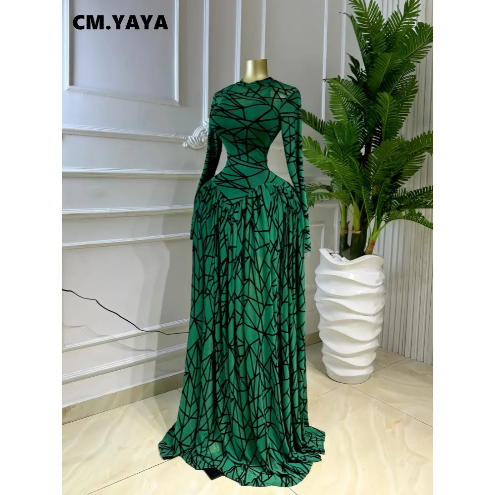 CM.YAYA Abito Lungo da Donna con Maniche Lunghe e Stampa, Collo Tondo, Vestito Maxi 2026 per Serate, Compleanni, Vacanze, Feste Sexy e Club