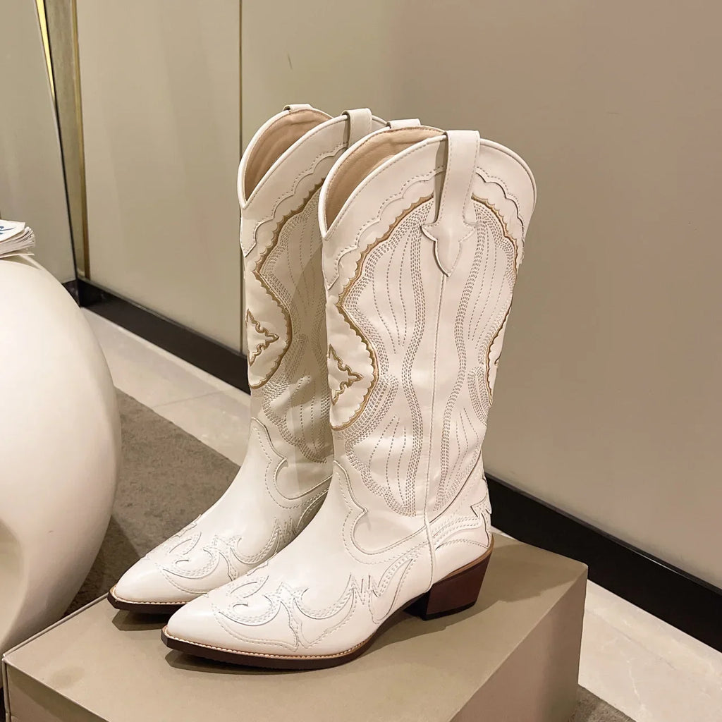 Women's Embroidered Western Mid Calf Boots Cowboy Square Heels Boots Pointed Toe Platform Boots Women Western Shoes Plus Size42