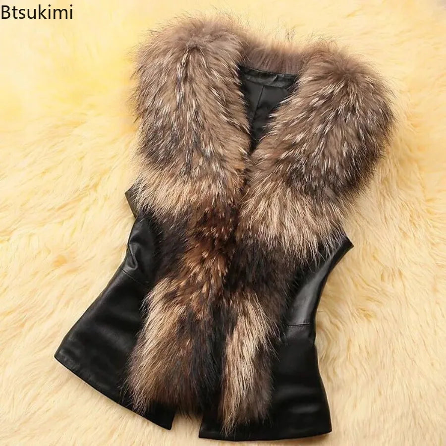 Nuove donne di inverno gilet di pelliccia femminile gilet di pelle PU 2026 nuove signore in pelle PU splicing collo di pelliccia di volpe sintetica giacca senza maniche