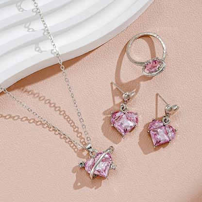 4 pezzi Love Pink Cristalli Orecchini dolci Collane e anelli Set di gioielli Leggero e versatile per le donne Regalo per la festa della mamma