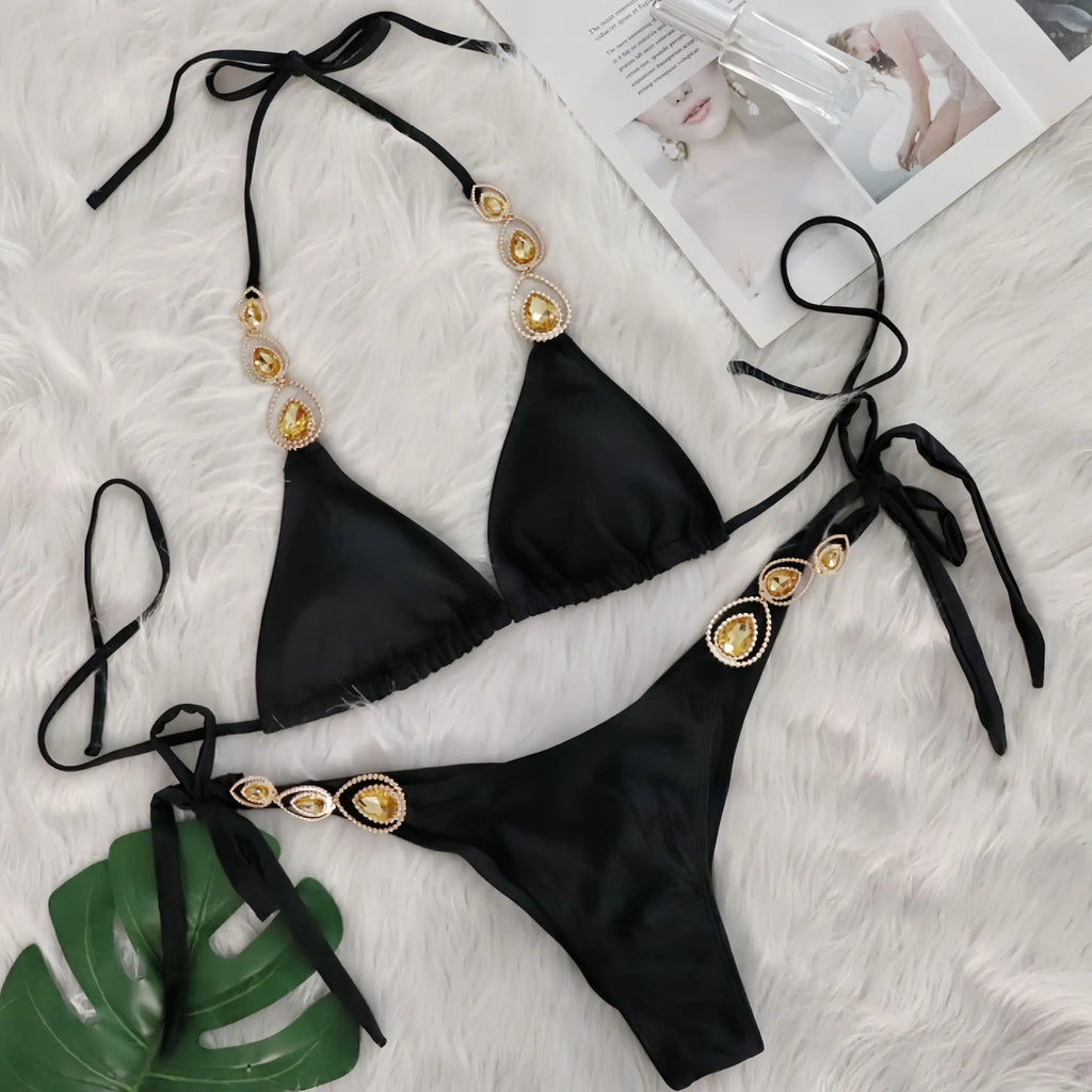 Nero Sexy Bikini 2026 Costume da bagno con strass Donna Costumi da bagno Donna Push Up Bikini Beach Swim Wear Costume da bagno Piscina Bagnante
