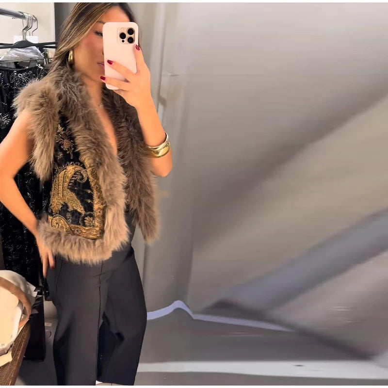Gilet senza maniche modello Paisley vintage da donna con finiture in pelliccia di procione Gilet moda Capispalla 2025 Autunno Inverno Streetwear