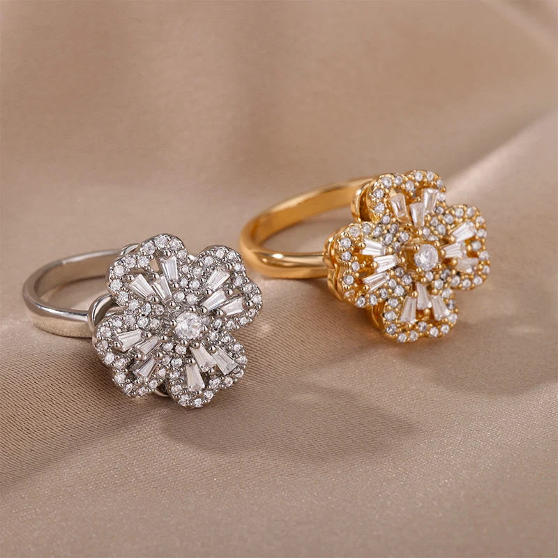 Anelli di ansia rotanti a quattro trifogli per le donne Anello nuziale regolabile in acciaio inossidabile color oro Anelli regalo di gioielli estetici