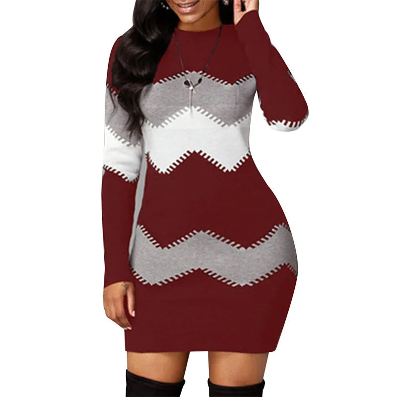 Abito caldo a maniche lunghe patchwork elegante da donna 2022 abito maglione lavorato a maglia a costine autunno inverno mini abiti pullover dolcevita casual