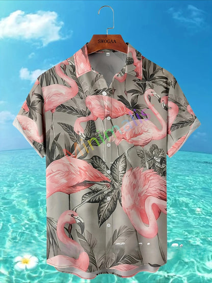 2025 Camicia con stampa foglia e fenicottero per uomo Camicia hawaiana Casual Beach Manica corta Moda Top Camicetta maschile Abbigliamento estivo