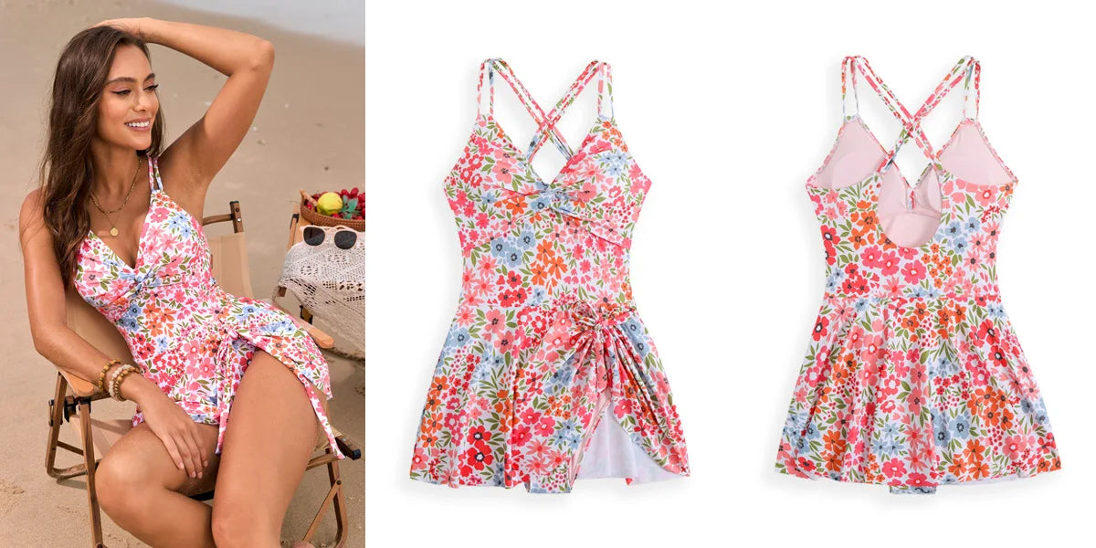 New digital printed twist pack cross skirt one-piece swimsuit conservative beach vacation one-piece swimsuit for women