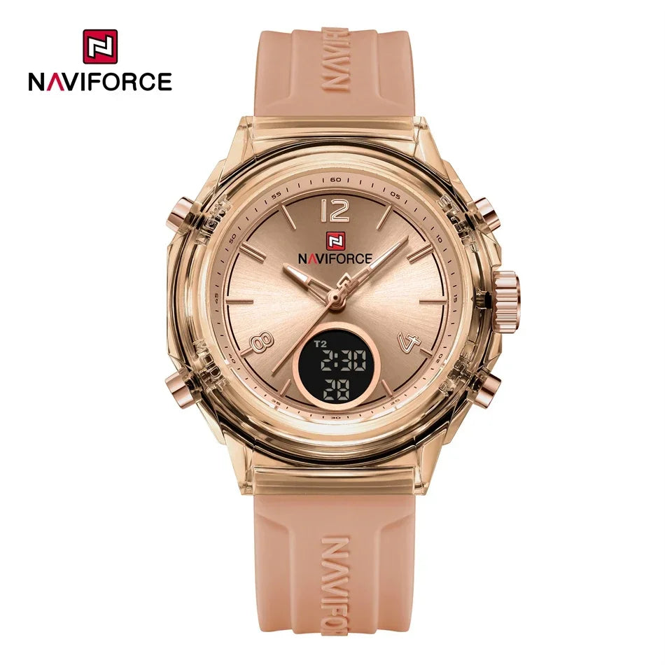 NAVIFORCE Orologio da donna di lusso Orologio sportivo all'aria aperta in oro Orologi impermeabili Doppio display dell'ora Orologi da polso al quarzo Orologio digitale in gomma