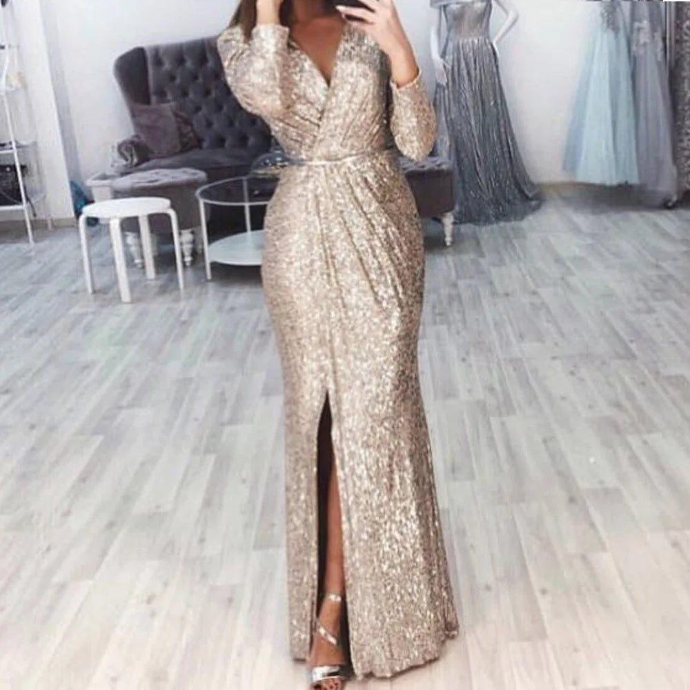 Abito lungo da donna elegante con scollo a V a maniche lunghe da festa Autunno Inverno Moda con paillettes Vita sexy Abiti maxi slim casual con spacco alto