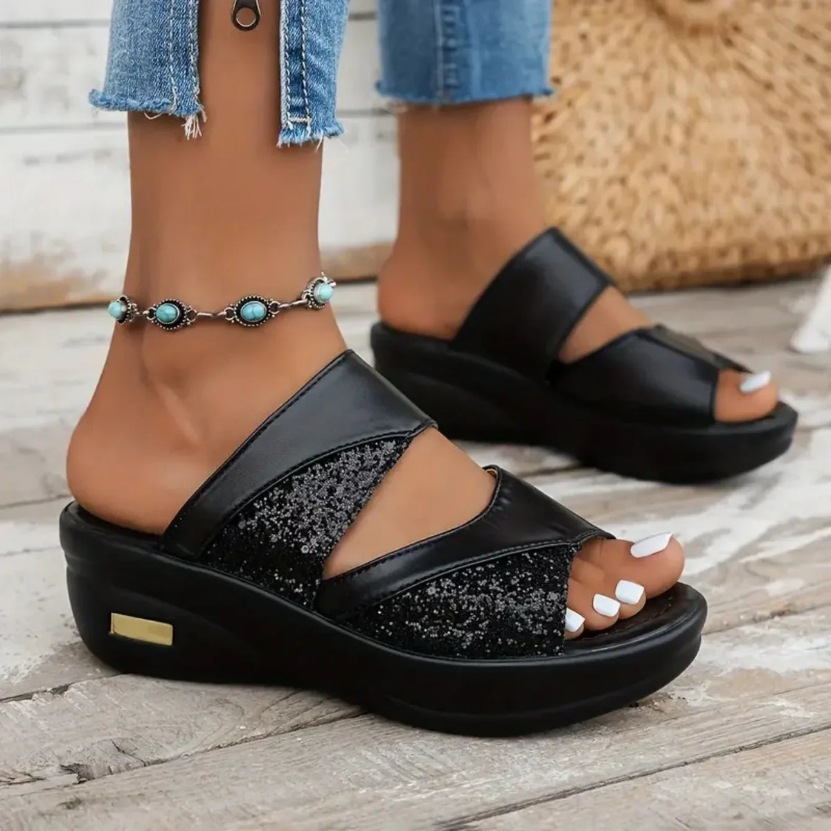 Pantofole con zeppa da donna piattaforma glitterata sandali comodi pantofole Casual con Sling Backs nuove scarpe estive per le donne diapositive da donna