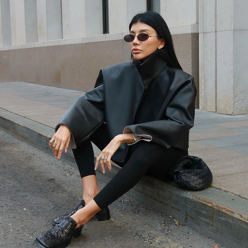 Cappotto da donna ampio a tinta unita, a maniche lunghe, con collo alto, top corto, moda estiva autunnale 2026, capospalla femminile streetwear