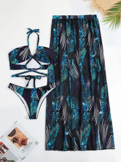 3 Pieces Print Cross Bikini 2025 Women Sexy Halter Swimsuit & Cover Up Beach Dress Swimwear Bathers Bathing Swimming Suit Summer