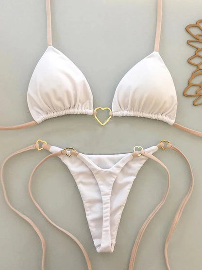 Sexy Low-Waist Bikini Set for Women Summer Solid Color Tie-Front Swimsuit with Padded Top for Beach Vacation
