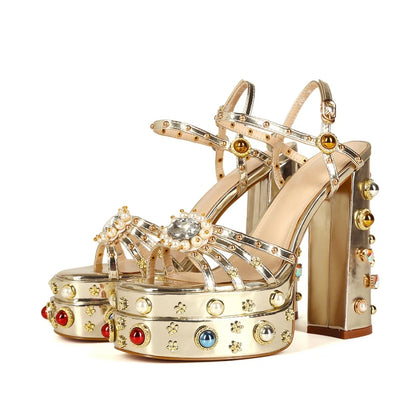 Neue Damen Sommer Plateau Sandalen wasserdicht dicker Boden Wasser Diamant Perle Niete Blume Satin offene Spitze High Heels groß