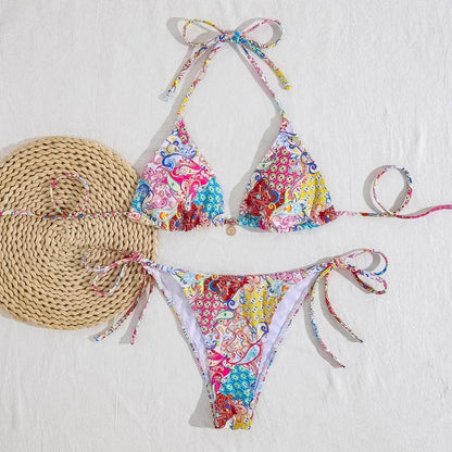 Ensemble bikini deux pièces sexy imprimé léopard Soutien-gorge triangle Bretelles dos nu Ensemble de maillots de bain à lacets pour les vacances à la plage