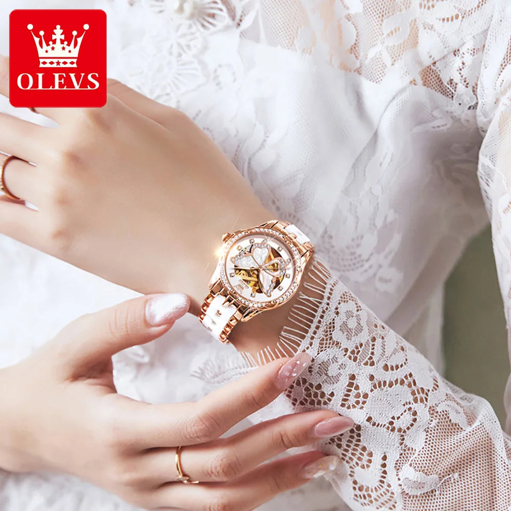 OLEVS 6622 Orologio da donna con quadrante a farfalla Orologio meccanico impermeabile di lusso per donna Orologio da polso automatico con cinturino in ceramica cava