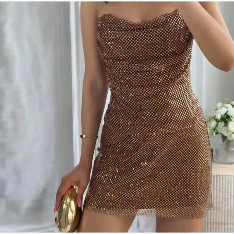Abito corto senza maniche scintillante da donna con tutti i strass Abiti sexy senza spalline alla moda per donna Estate Nuovo outfit streetwear