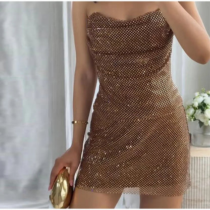 Abito corto senza maniche scintillante da donna con tutti i strass Abiti sexy senza spalline alla moda per donna Estate Nuovo outfit streetwear