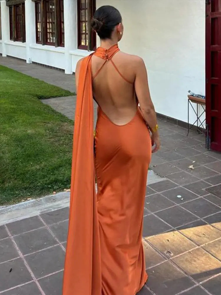 Sciarpa a nastro Halter Abito da donna Spalla inclinata Raso di seta Slim Fit Streamer Grandi abiti sexy senza schienale Abiti lunghi da donna Estate