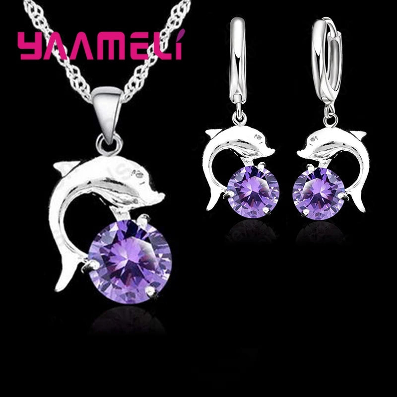 Ensembles de bijoux pour femmes et jeunes filles en argent sterling 925, couleur, mariage, fiançailles, zircon cubique, pendentif dauphin, collier, boucles d'oreilles créoles