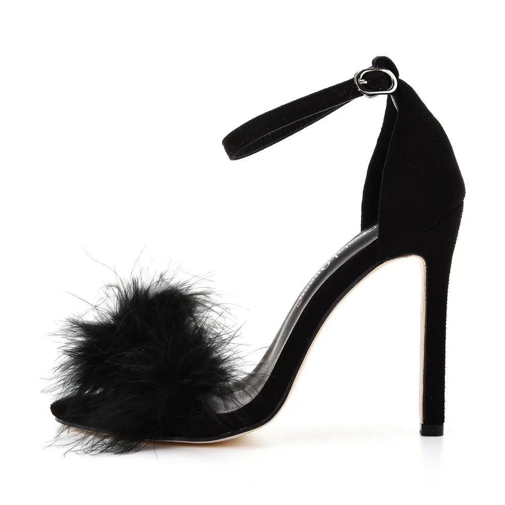 Sexy Feather High Heel Sandals Women's European  American Large 46 Fish Mouth High Heel Sandals Women Shallow Mouth Women's Shoe